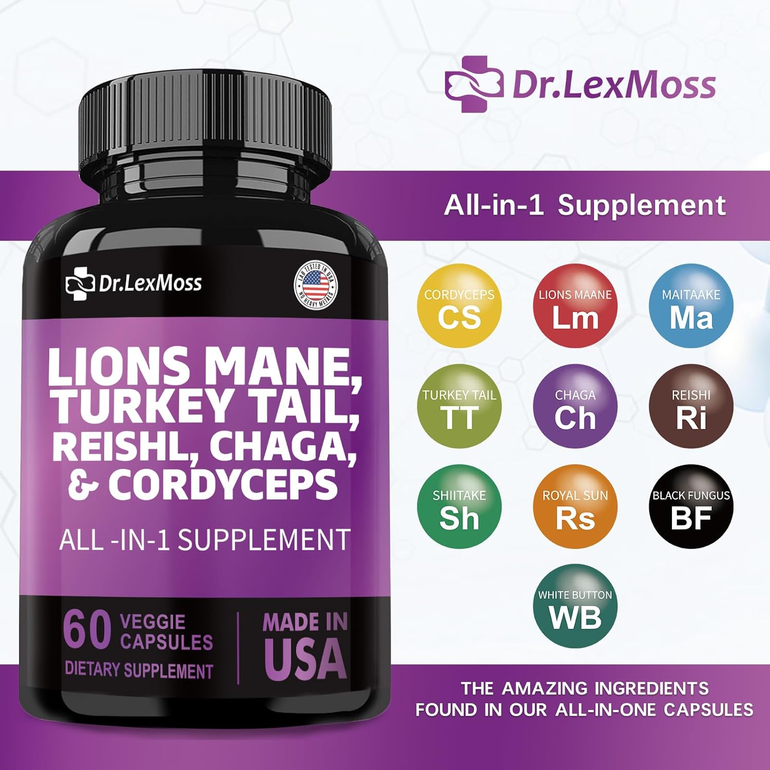 organic-mushroom-supplement-with-lions-mane-turkey-tail-reishi-cordyceps-chaga-maitake-meshima-poria-cocos-shiitake-oyster-porcini-enoki---60-capsules---dr-lexmoss-2