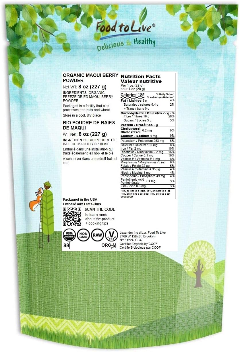 Organic Maqui Berry Powder 8oz - Non-GMO Raw Vegan Superfood with Iron, Fiber & Antioxidants for Juices, Drinks, Smoothies - No Added Sugar - Bulk Size by Food to Live - Espot.com.au