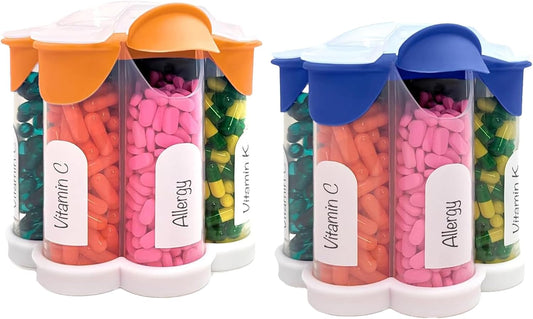 xl-pill-organizer-with-cute-blossom-design---daily-weekly-monthly-supplement-bottle-with-7-compartments---2-pack-combo-in-dark-blue-and-orange-1