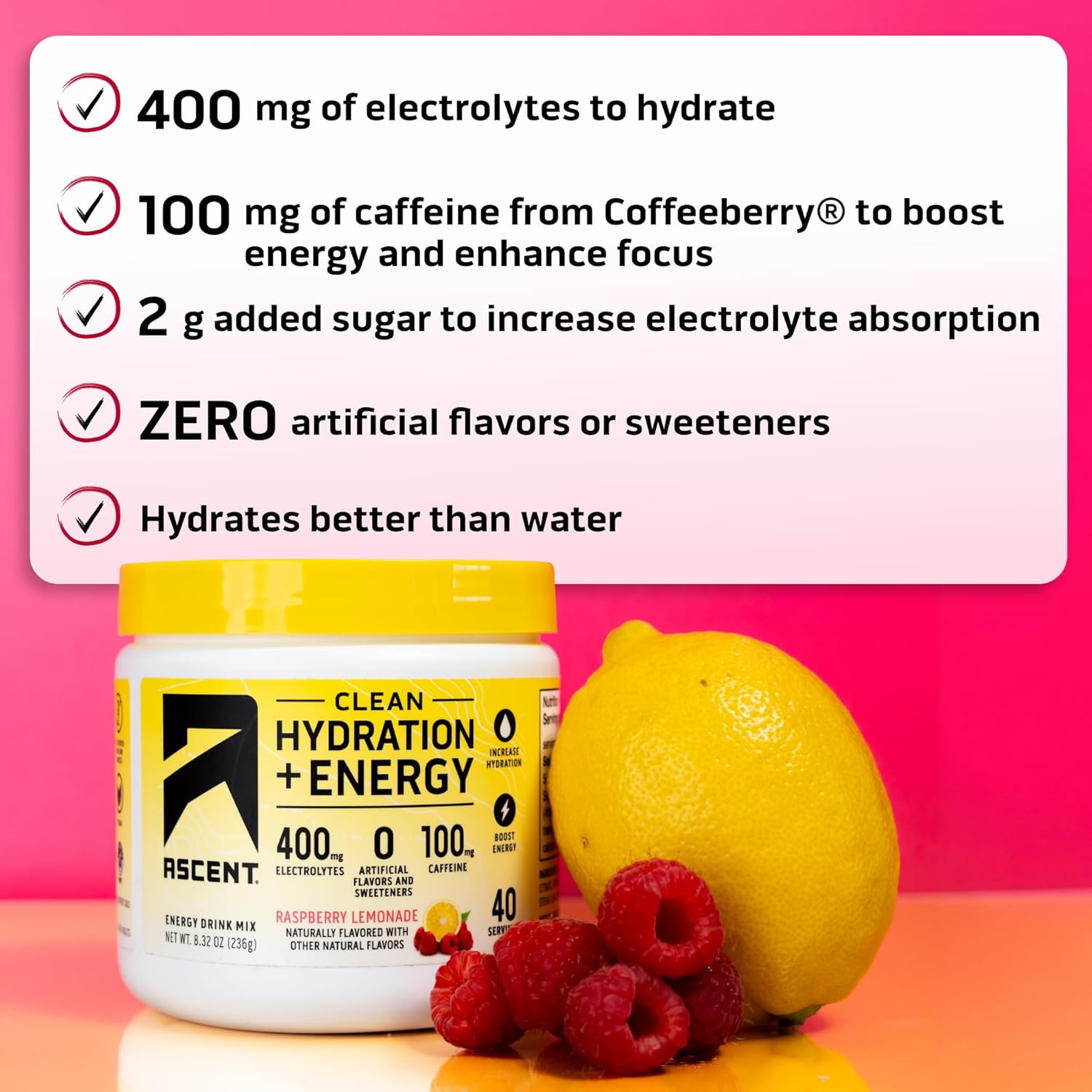 Ascent Clean Hydration + Energy Electrolytes Powder - Raspberry Lemonade Flavor with 100mg Caffeine and 400mg Electrolytes - No Artificial Ingredients - 40 Servings - Espot.com.au