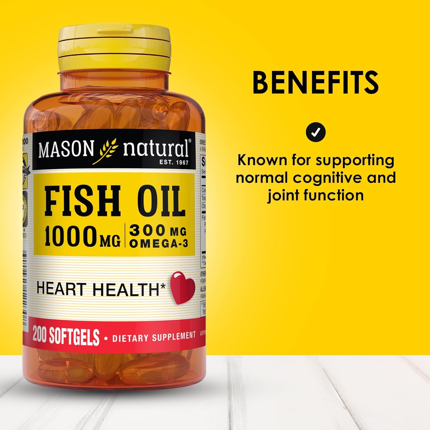 Omega 3 Fish Oil Softgels 1000mg, 200-Count Bottle, Mason Natural Dietary Supplement for Heart, Eye, Brain, and Joint Health - Espot.com.au