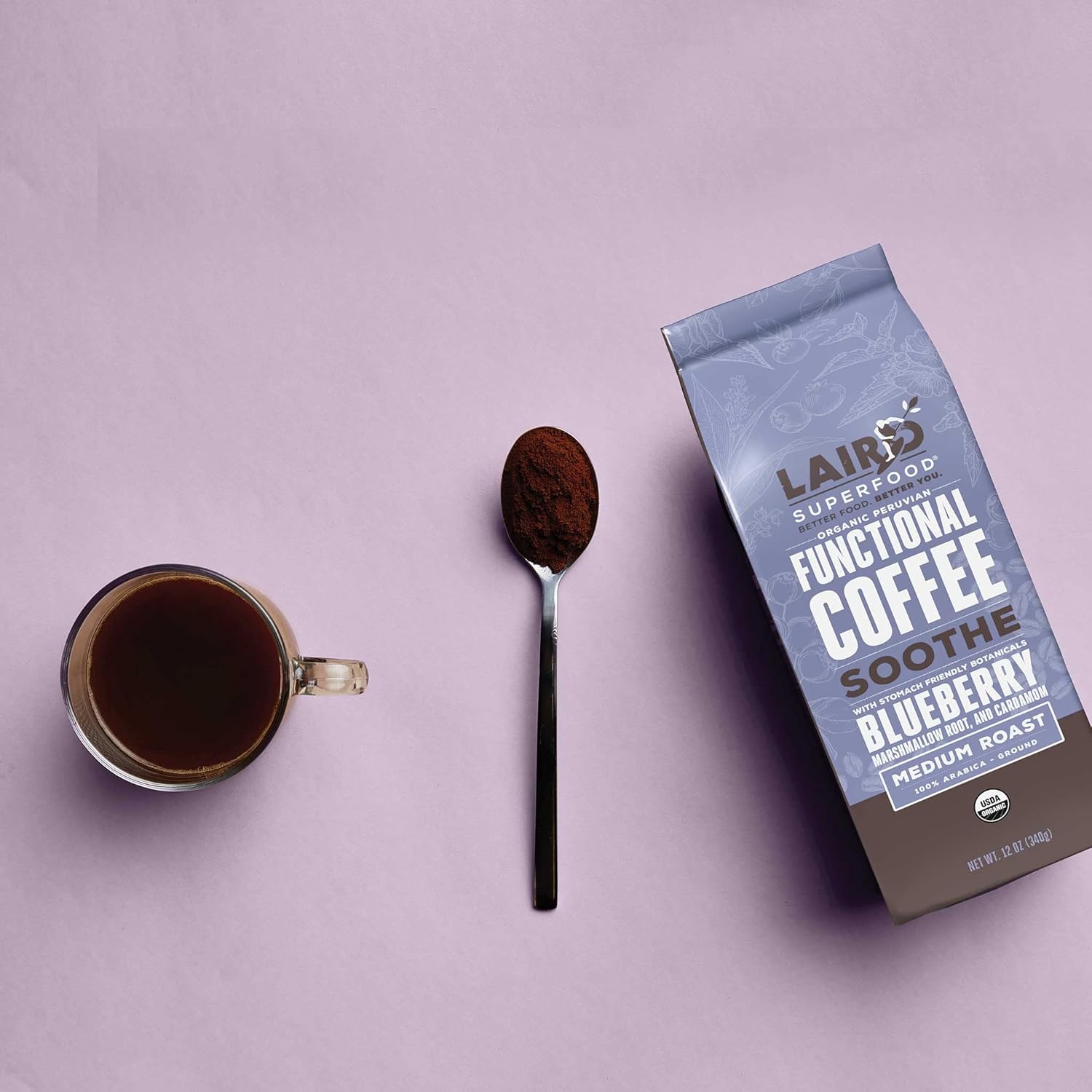 Organic Medium Roast Caffeinated Soothe Coffee with Stomach-Friendly Ingredients - 12 oz Bag - Marshmallow Root, Cardamom, Blueberry Powder - Laird Superfood - Espot.com.au