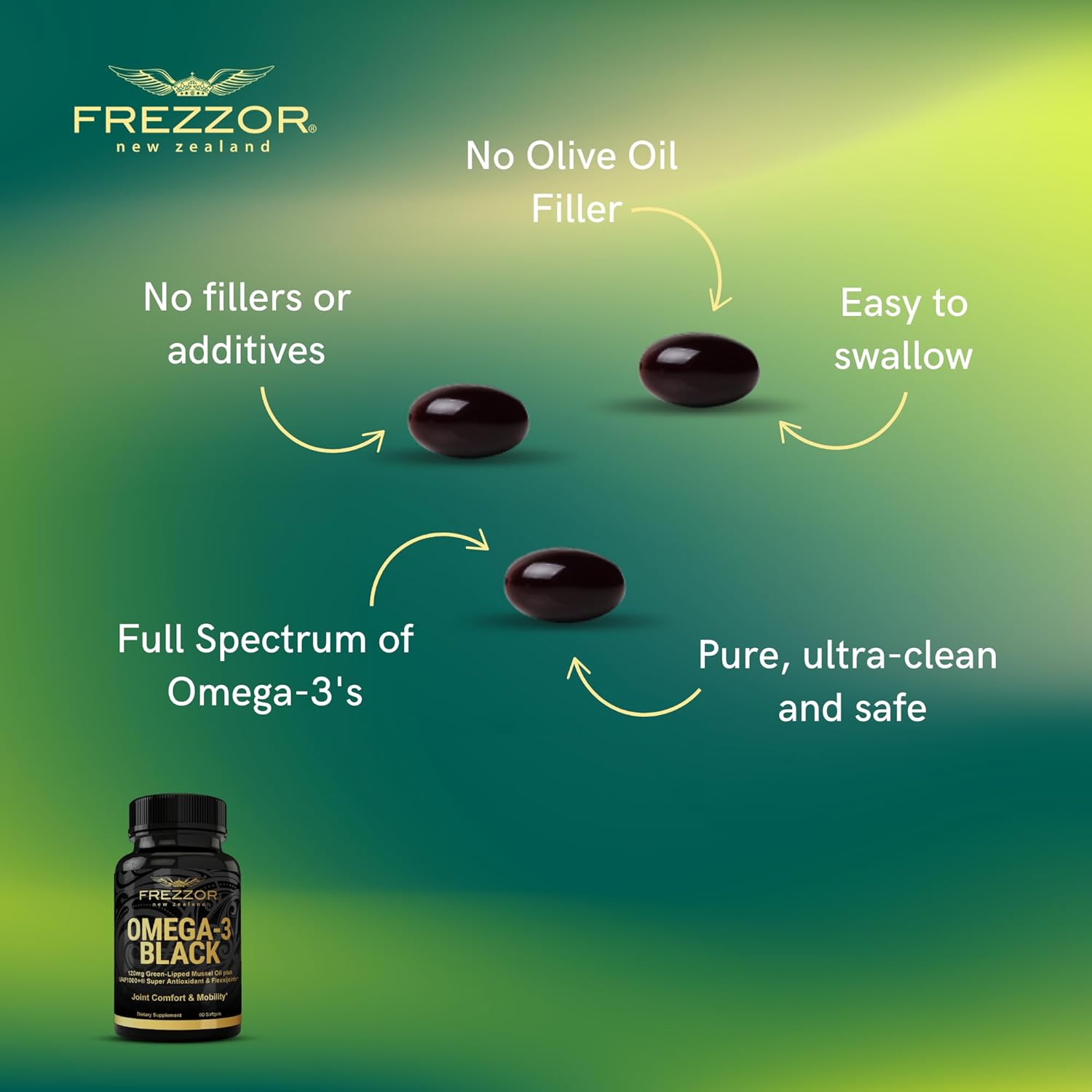 320 Count FREZZOR Omega 3 Black Capsules with Green Lipped Mussel Oil - Joint Care & Heart Support - Made in New Zealand - UAF1000+ - No Fishy Aftertaste - Immune Relief - 1 Pack - Espot.com.au