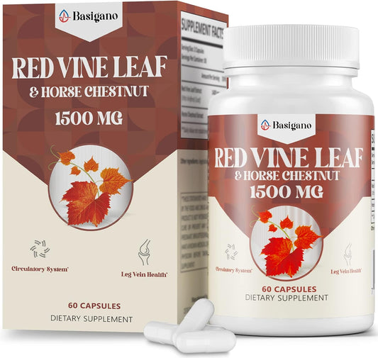 Premium Basigano Red Vine Leaf & Horse Chestnut Extract Capsules - 1500mg Vitis Vinifera Supplement for Healthy Veins, Circulation, Heart, and Skin - Espot.com.au