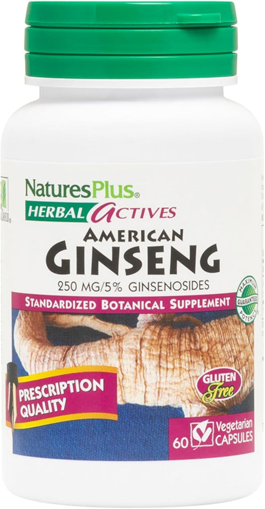 Natures Plus Herbal Actives American Ginseng Capsules - 250mg, 5% Ginsenosides - Vegan & Gluten-Free - 60 Servings - Espot.com.au