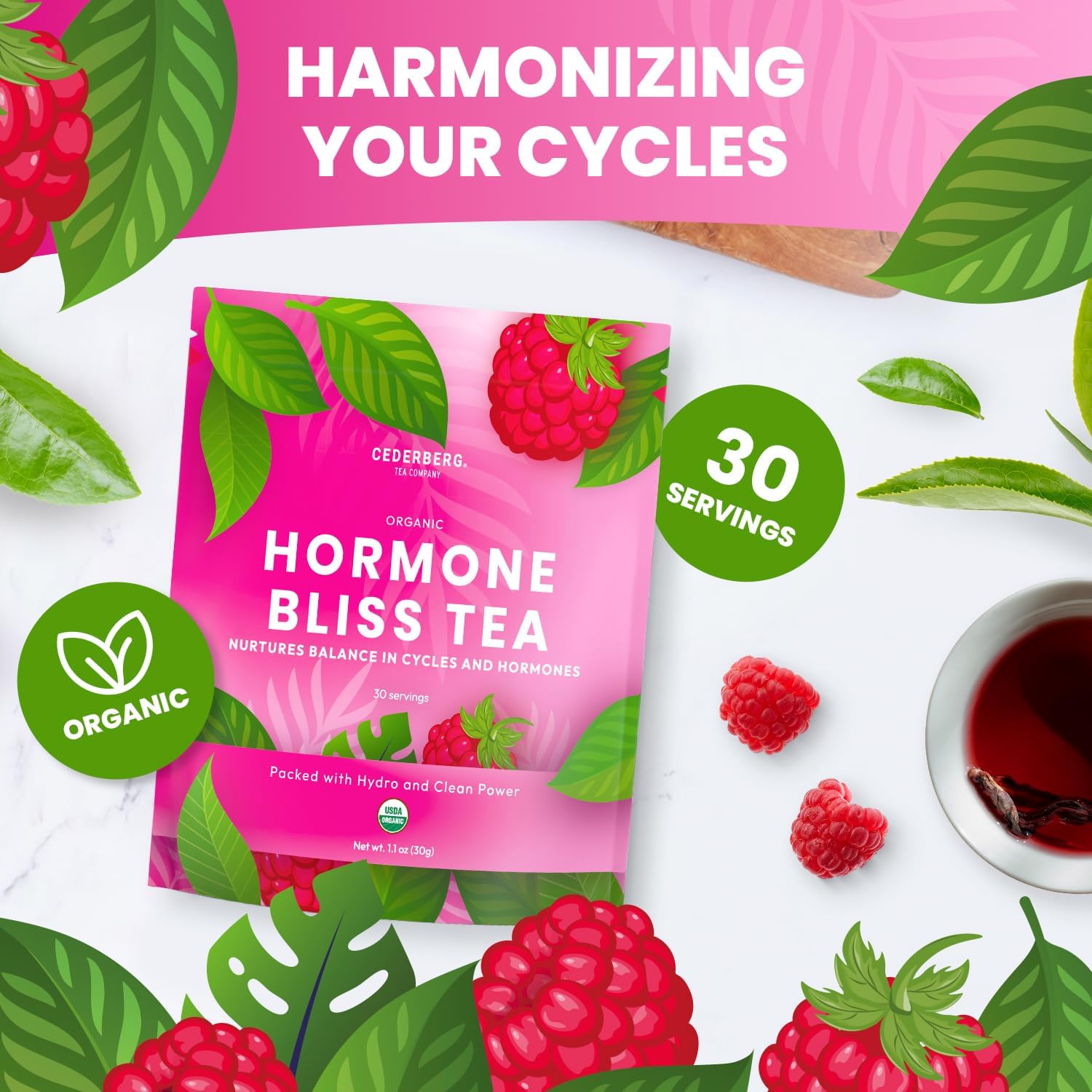 Organic Raspberry & Spearmint Hormone Balance Tea for Women - Caffeine Free, 30 Servings - PCOS Support & Female Fertility - Cederberg Tea Company - Espot.com.au