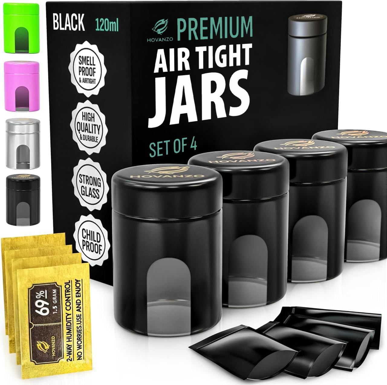 4 Pack HOVANZO Premium Airtight Glass Storage Jars 120ml with 69% Humidity Control - UV Air Tight Jars with Child-Resistant Lid for Herb/Spice Storage - Black Containers for Air Tight Storage - Espot.com.au