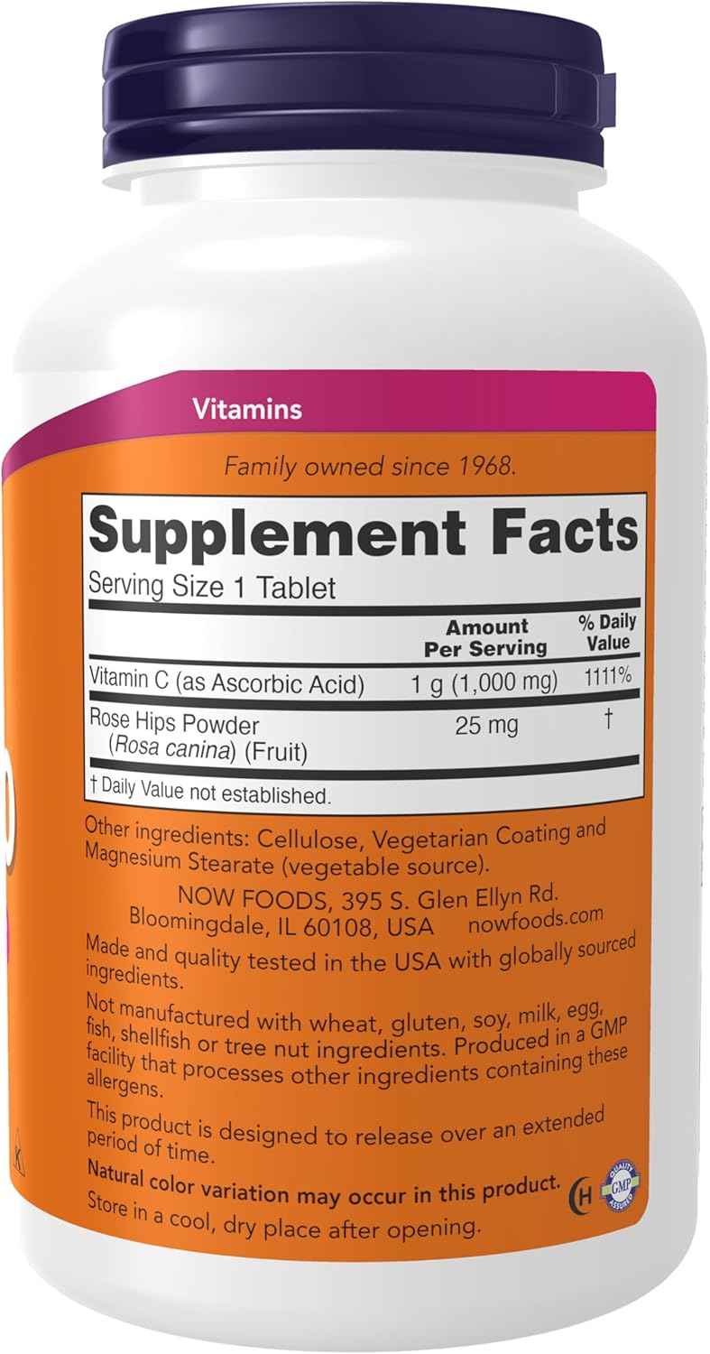 NOW Foods Vitamin C-1,000 with Rose Hips Sustained Release Tablets for Antioxidant Protection - 250 Count