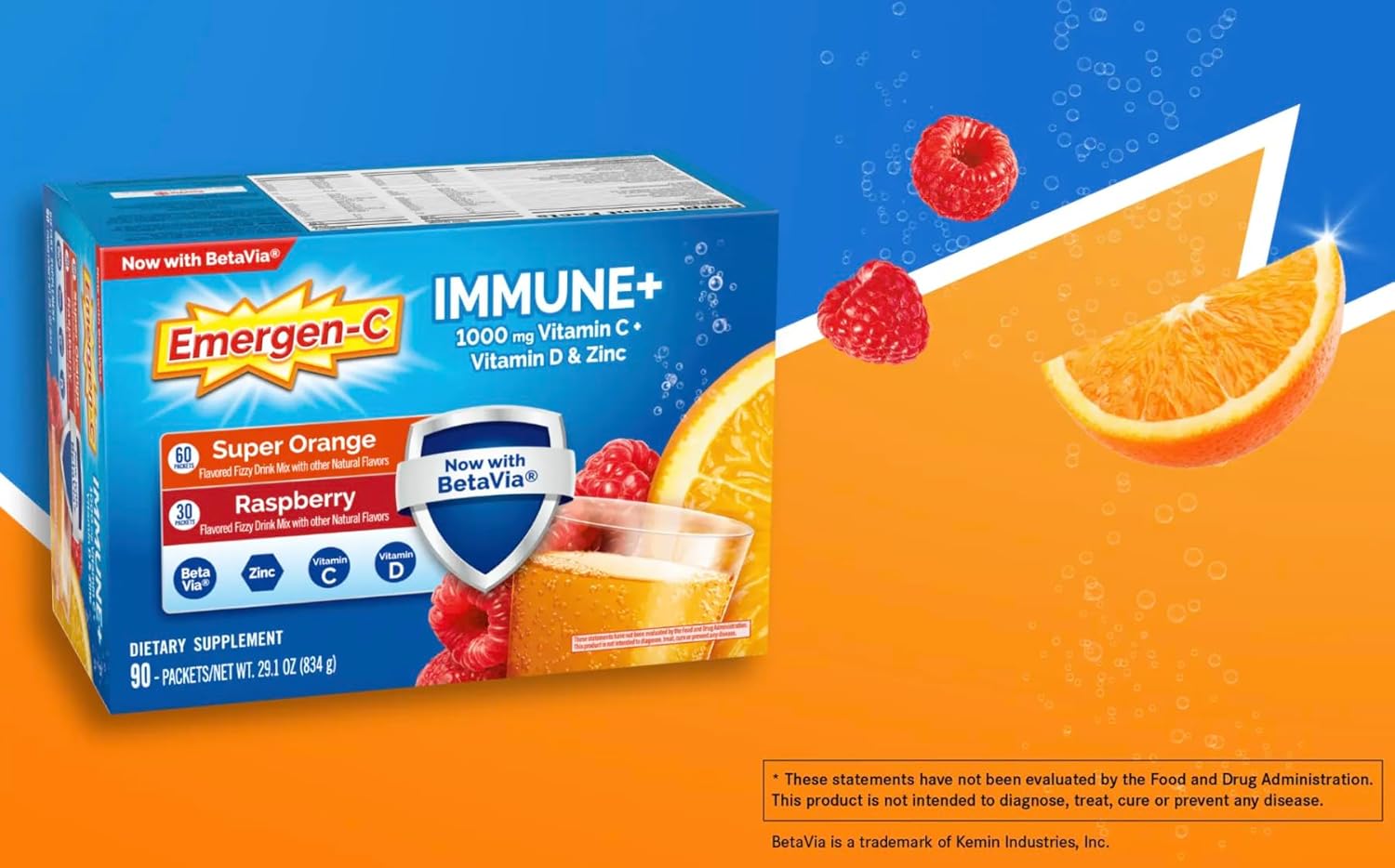 Emergen-C Immune+ 90 Packets Variety Pack, 1000mg Vitamin C with Vitamin D & Zinc, Super Orange (60 Ct) and Raspberry (30 Ct) - Espot.com.au