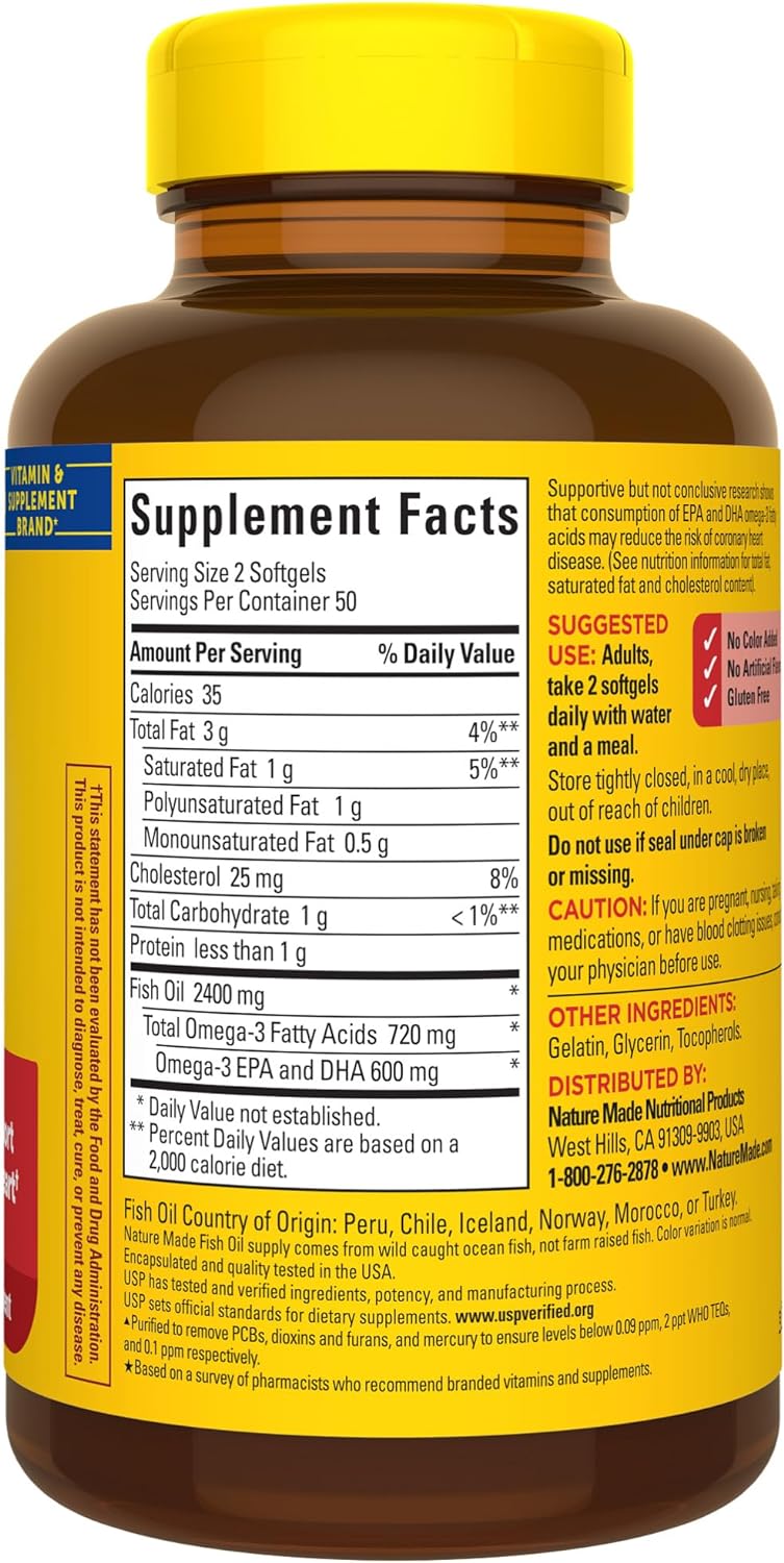 Fish Oil Softgels 1200mg - Omega 3 Supplement for Heart Health - 100 Softgels, 50 Day Supply by Nature Made - Espot.com.au