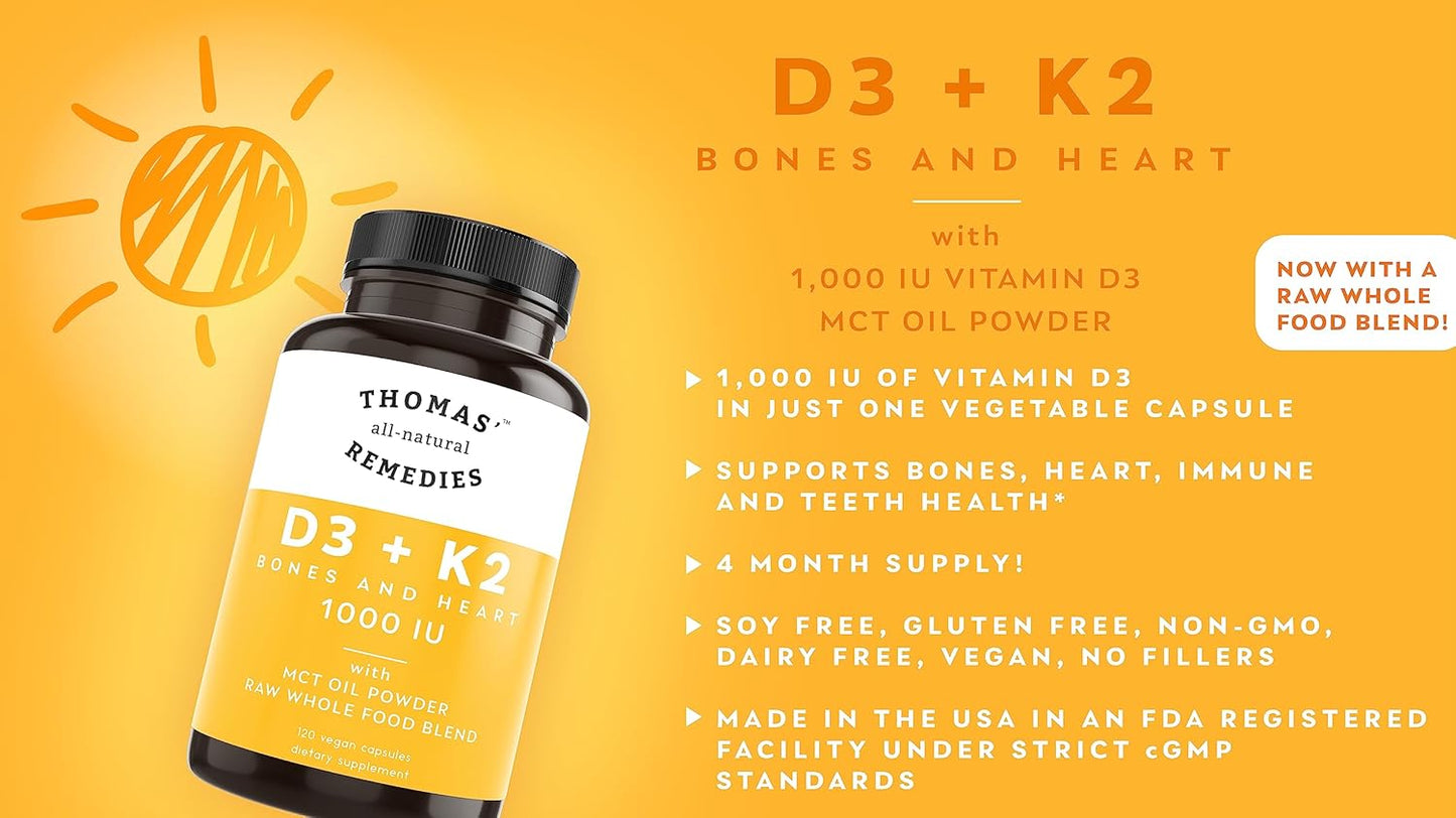 All-Natural D3 + K2 with MCT Oil and Raw Whole Food Blend - 1000 IU D3, Vegan, Made in USA - Supports Heart, Bones & Teeth - Non-GMO - 120ct - Espot.com.au
