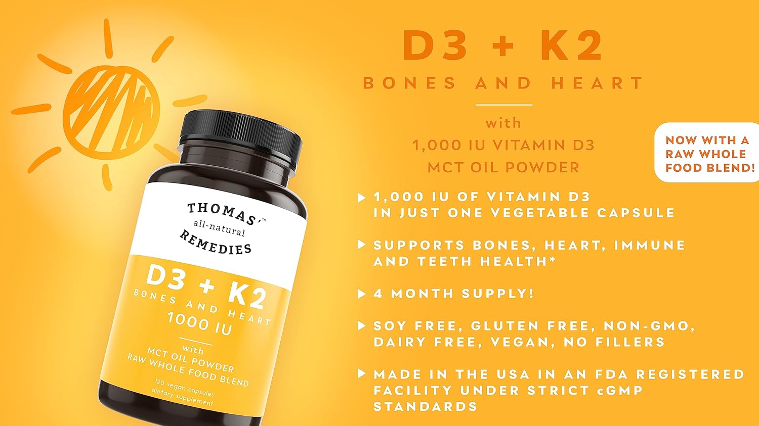 All-Natural D3 + K2 with MCT Oil and Raw Whole Food Blend - 1000 IU D3, Vegan, Made in USA - Supports Heart, Bones & Teeth - Non-GMO - 120ct - Espot.com.au