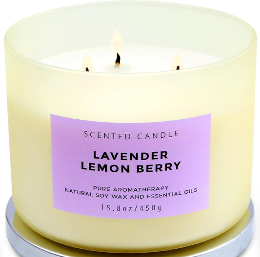 Lavender Lemon Berry Aromatherapy Candle for Stress Relief | 3 Wick Soy Candle 15.8 oz | Relaxing Scented Candle for Women & Men | Clean Burn, Long Lasting - Espot.com.au