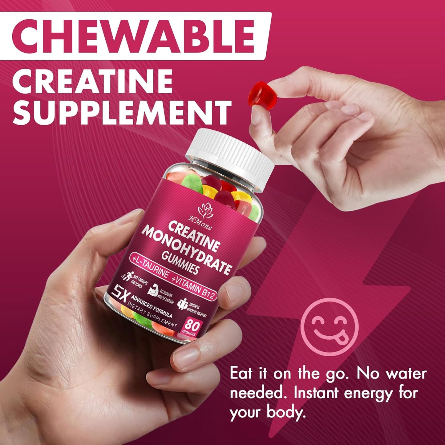 HMone Creatine Monohydrate Gummies - 5g, 160 Count - Chewable Supplements for Muscle Gain, Strength, Energy Boost - Sugar Free, Vegan - Men & Women - Espot.com.au