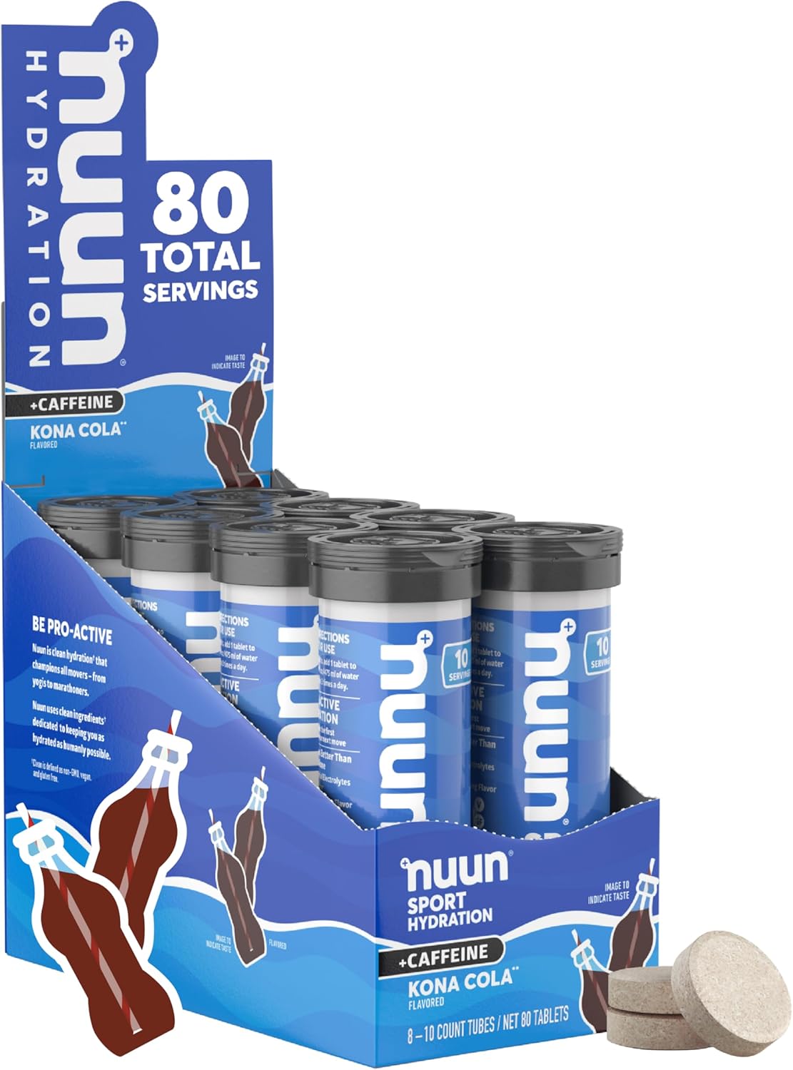 Nuun Sport + Caffeine Electrolyte Tablets - Kona Cola Flavor, 5 Essential Electrolytes, 1g Sugar, Vegan, Non-GMO - 8 Pack (80 Servings) - Espot.com.au