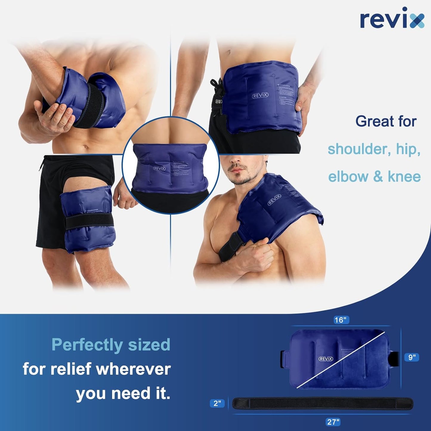 REVIX Reusable Gel Ice Pack for Injuries - Cold Packs for Lower Back, Shoulder, Elbow, Hip, Leg, Knee - Soft Cold Compress Wrap - 16 x 9 Inches Navy Blue - Espot.com.au