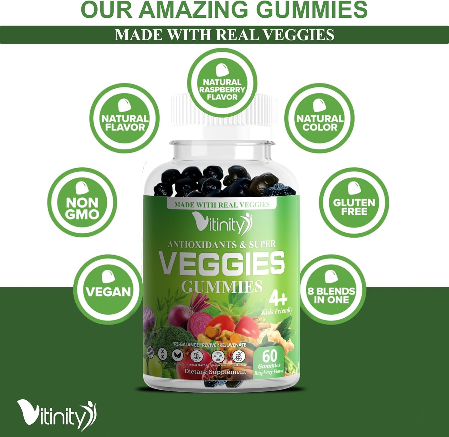 VITINITY Veggies Gummies Supplement with 30 Super Veggies, Fruits & Herbs - 120 Chews, Non-GMO, Gluten-Free - 60 Day Supply - Espot.com.au