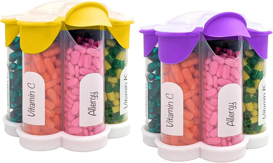 large-pill-organizer-combo-with-7-xl-compartments-cute-blossom-design-for-daily-weekly-monthly-supplements---purple-and-yellow-2-pack-1