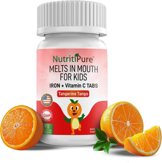 NutritiPure Kids Chewable Iron Supplements with Vitamin C - 90 Tablets, Tangerine Tango Orange Flavor, 9mg Ferronyl/Carbonyl Iron - Pediatric Iron Supplement - Espot.com.au