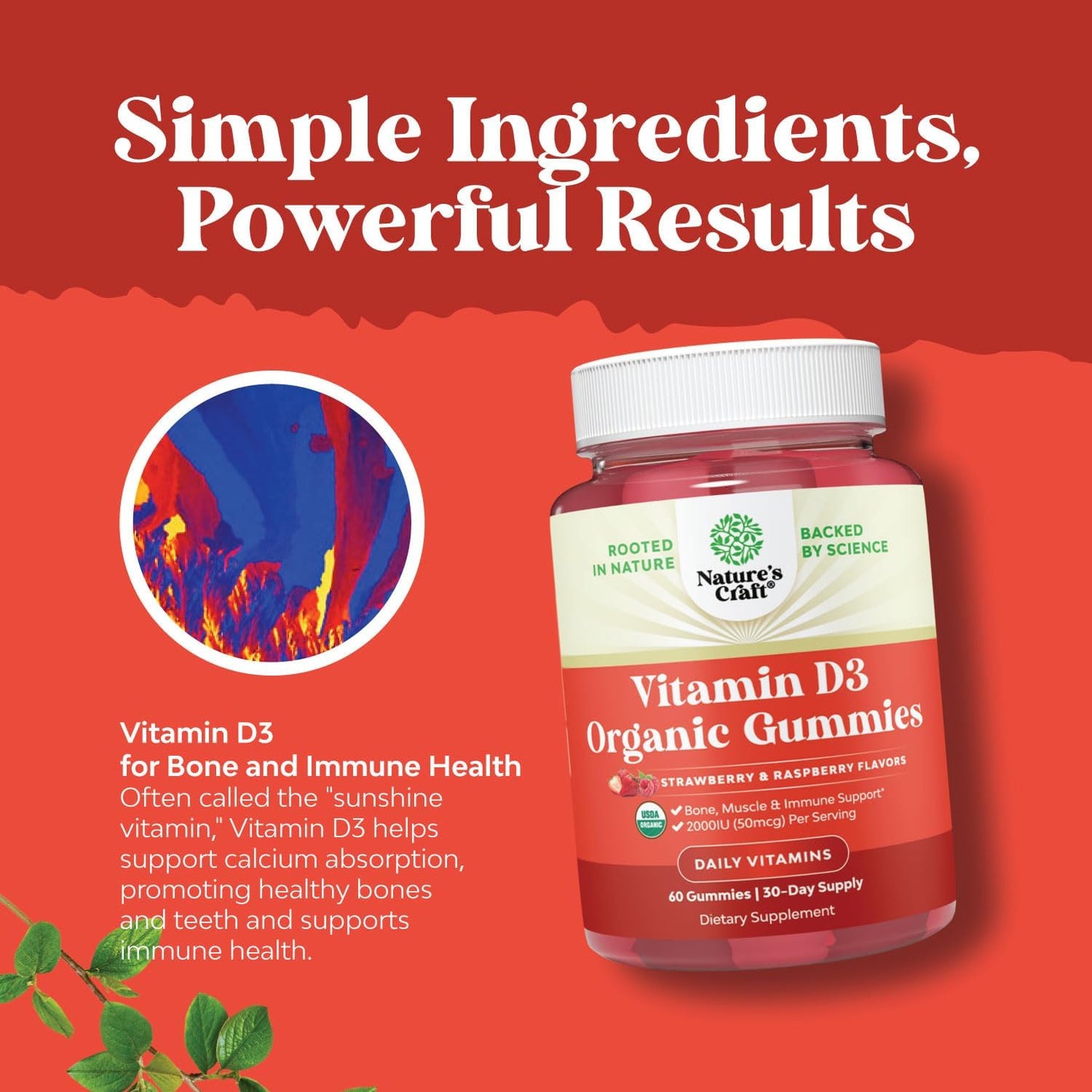 Organic Vitamin D3 Gummies 2000IU for Adults - Bone, Muscle, and Immune Support - Non-GMO and Gluten-Free - 60 Gummies - Espot.com.au