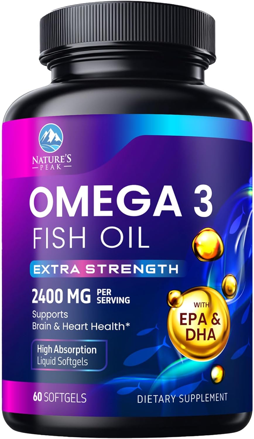 Premium Nature's Peak Omega-3 Fish Oil Softgels - 2400mg Triple Strength Supplements for Brain & Heart Support - Sustainably Sourced EPA & DHA Omega-3 Formula - 60 Count - Espot.com.au