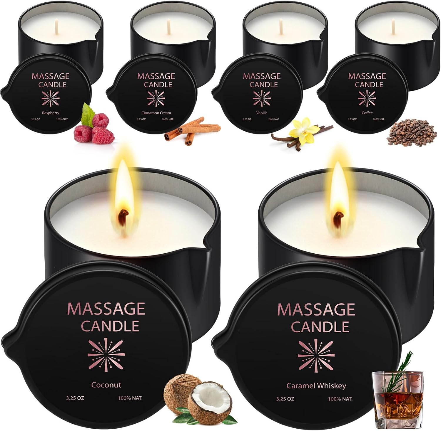 6-Piece Nuanchu Massage Oil Candle Set - Low Temp Soy Massage Candles for Therapy and Spa, 6 Scents, 2.35 oz - Perfect Home Gift - Espot.com.au
