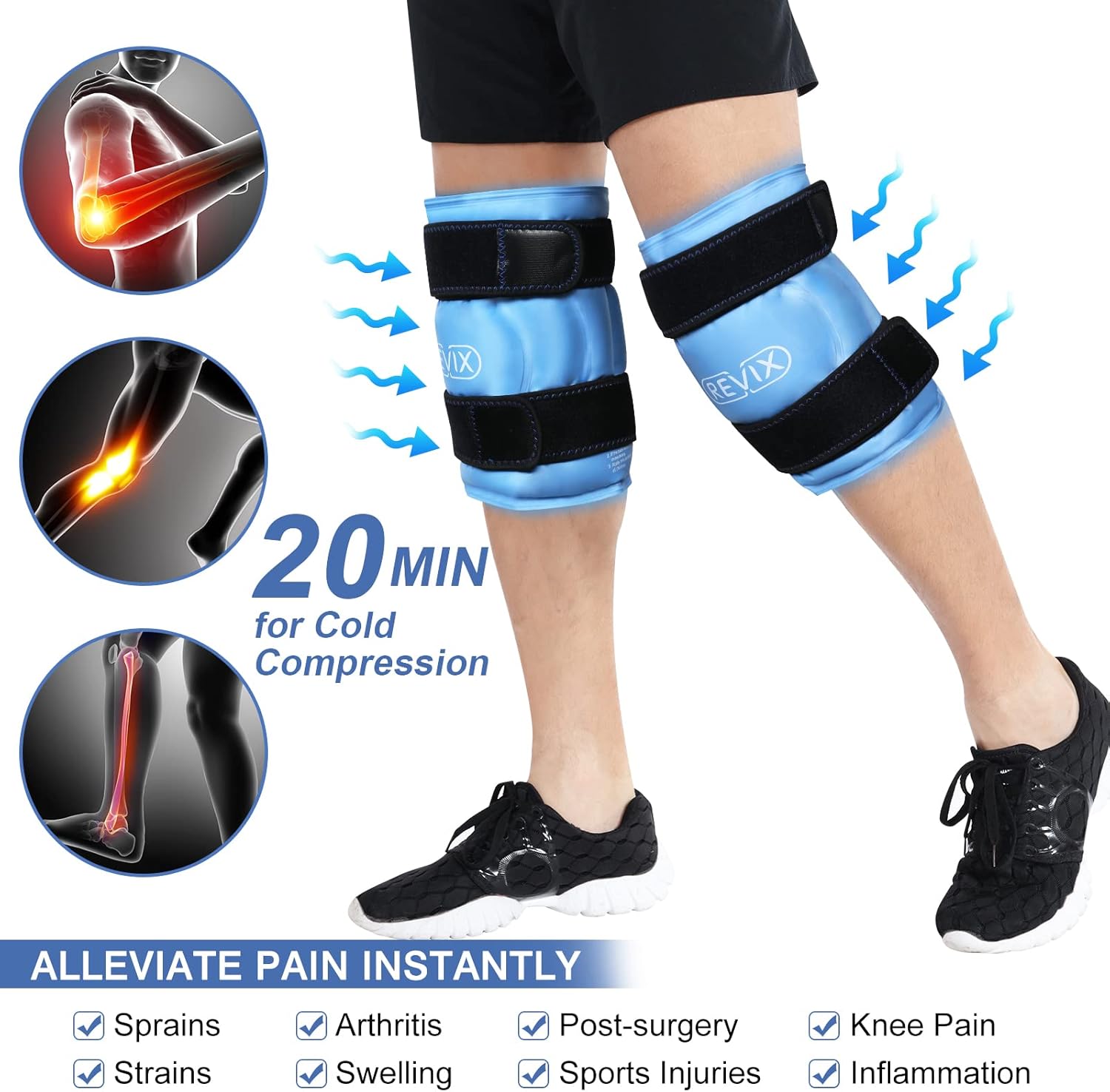 Set of 2 Blue Knee Ice Wrap with Gel Packs for Surgery, Injuries, Arthritis, ACL, and Recovery - REVIX XL - Espot.com.au