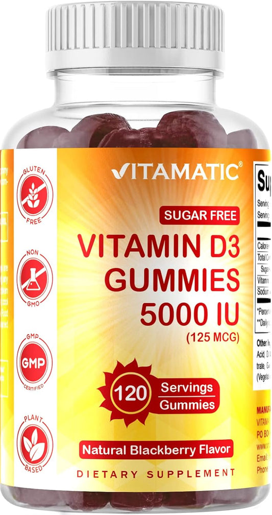 Sugar-Free Vitamin D3 Gummies - 5000 IU - 120 Count - Supports Bone Health, Mood, and Immune System - Non-GMO - Great Taste - 120 Servings - Espot.com.au