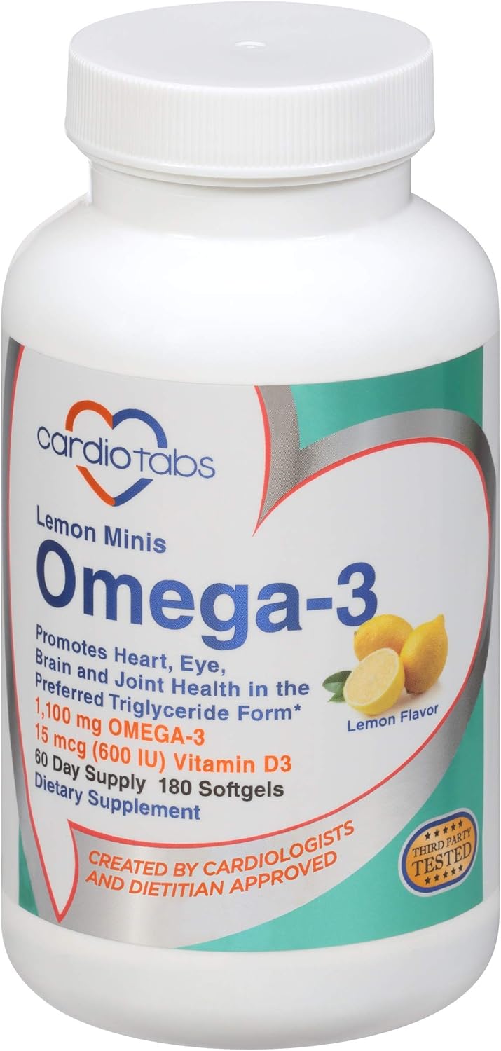 CardioTabs Omega-3 Lemon Minis with Vitamin D3 - 1,100mg Omega-3 & 600 IU Vitamin D3 Softgels - 180 Count - Easy-to-Swallow Lemon-Flavored Supplement - Espot.com.au
