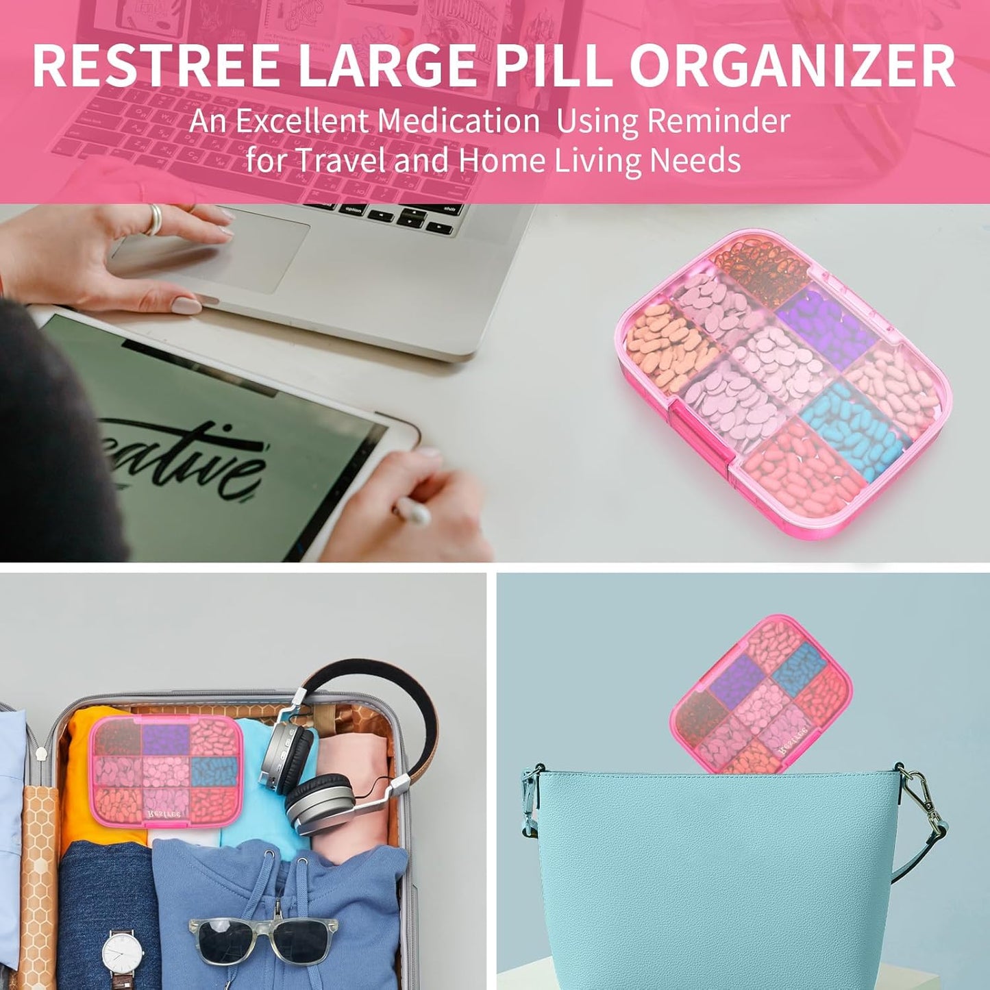 restree-large-pill-organizer---portable-moisture-proof-travel-case-for-vitamins-medicine---9-compartments---pink-7