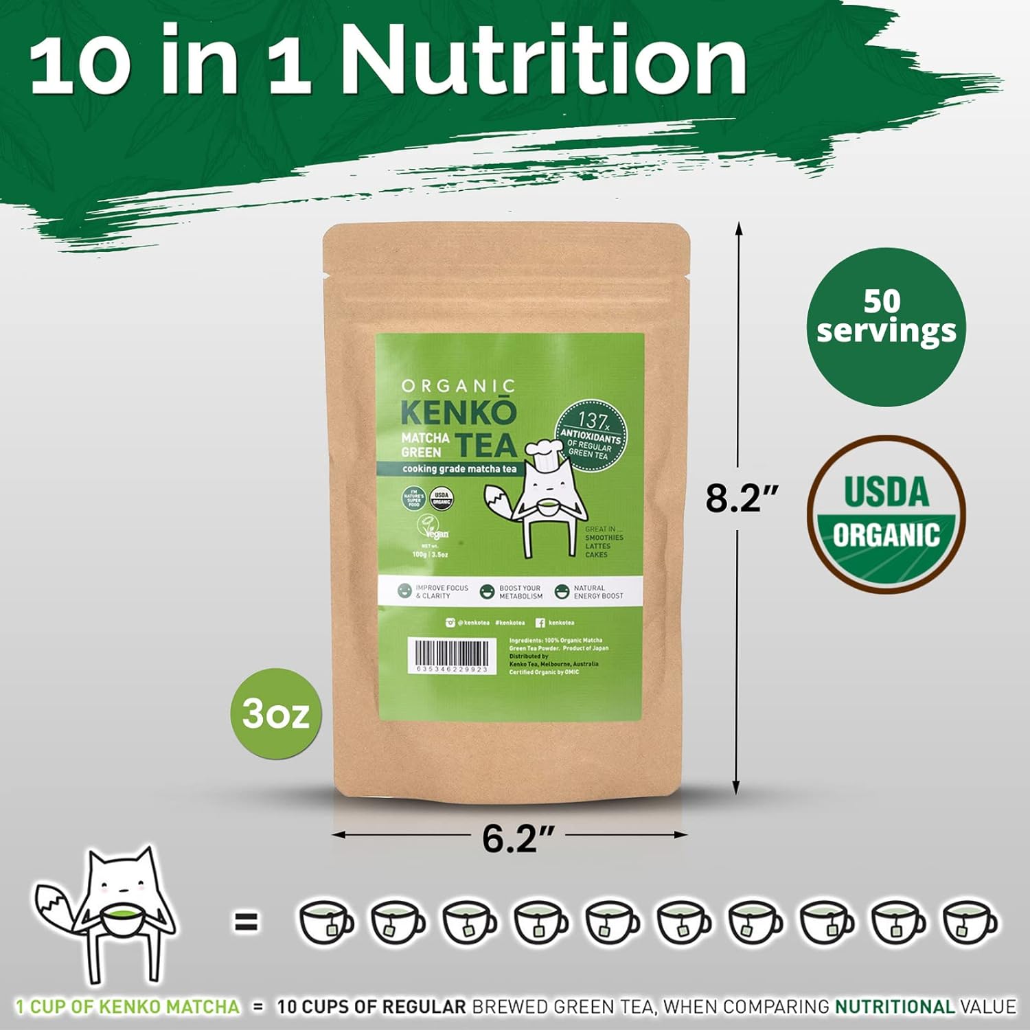 USDA Organic Culinary Grade Matcha Green Tea Powder for Lattes, Smoothies, and Baking - 100g Bag (50 Servings) by Kenko Tea - Espot.com.au