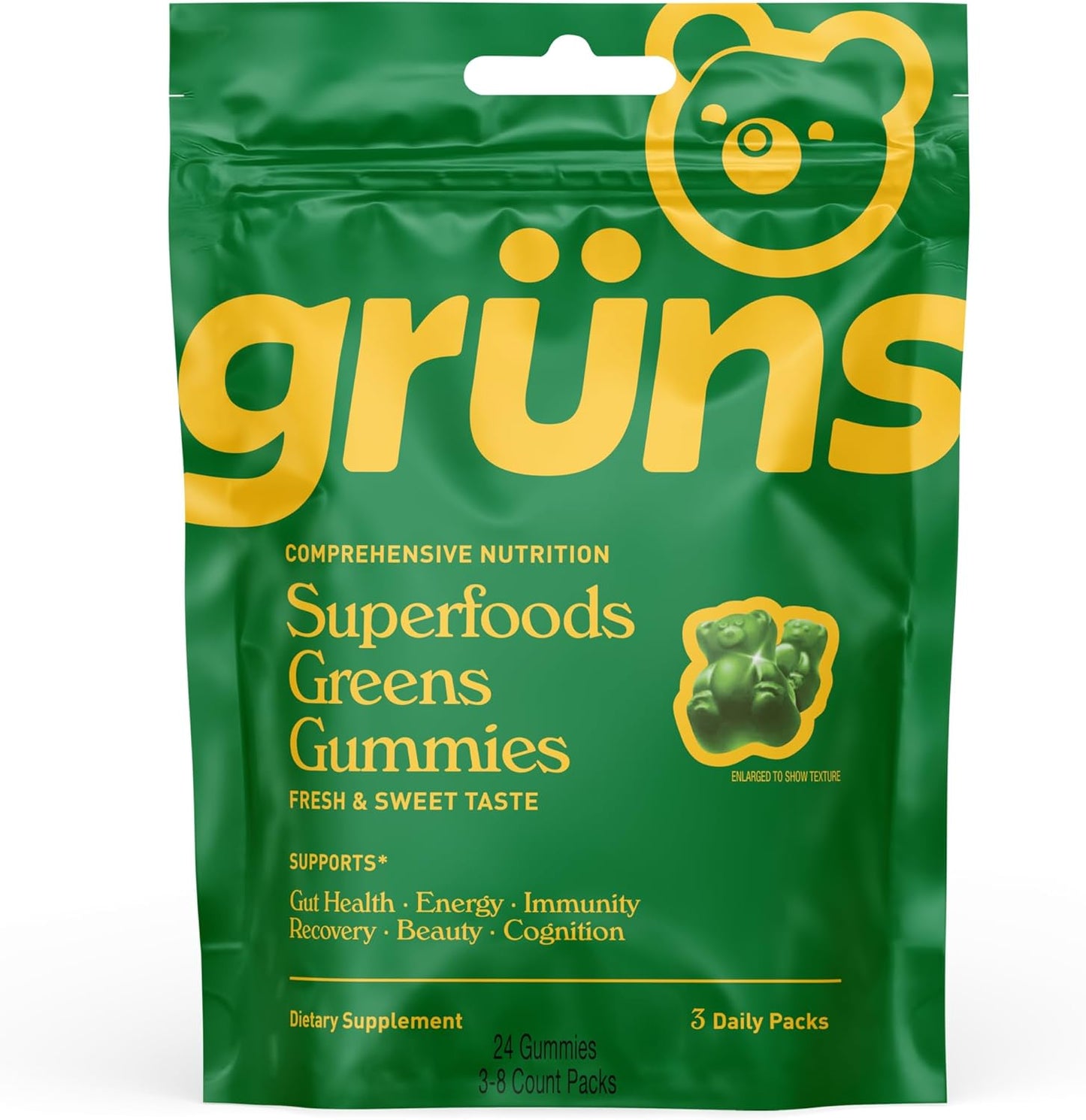 Organic Super Greens Gummy Bears with Spirulina, Chlorella, Prebiotics, 20+ Vitamins & Minerals - 3 Sachets, 24 Gummies - Espot.com.au