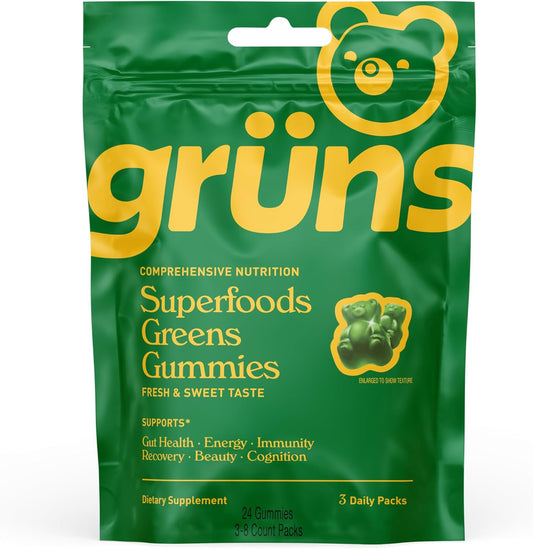 Organic Super Greens Gummy Bears with Spirulina, Chlorella, Prebiotics, 20+ Vitamins & Minerals - 3 Sachets, 24 Gummies - Espot.com.au