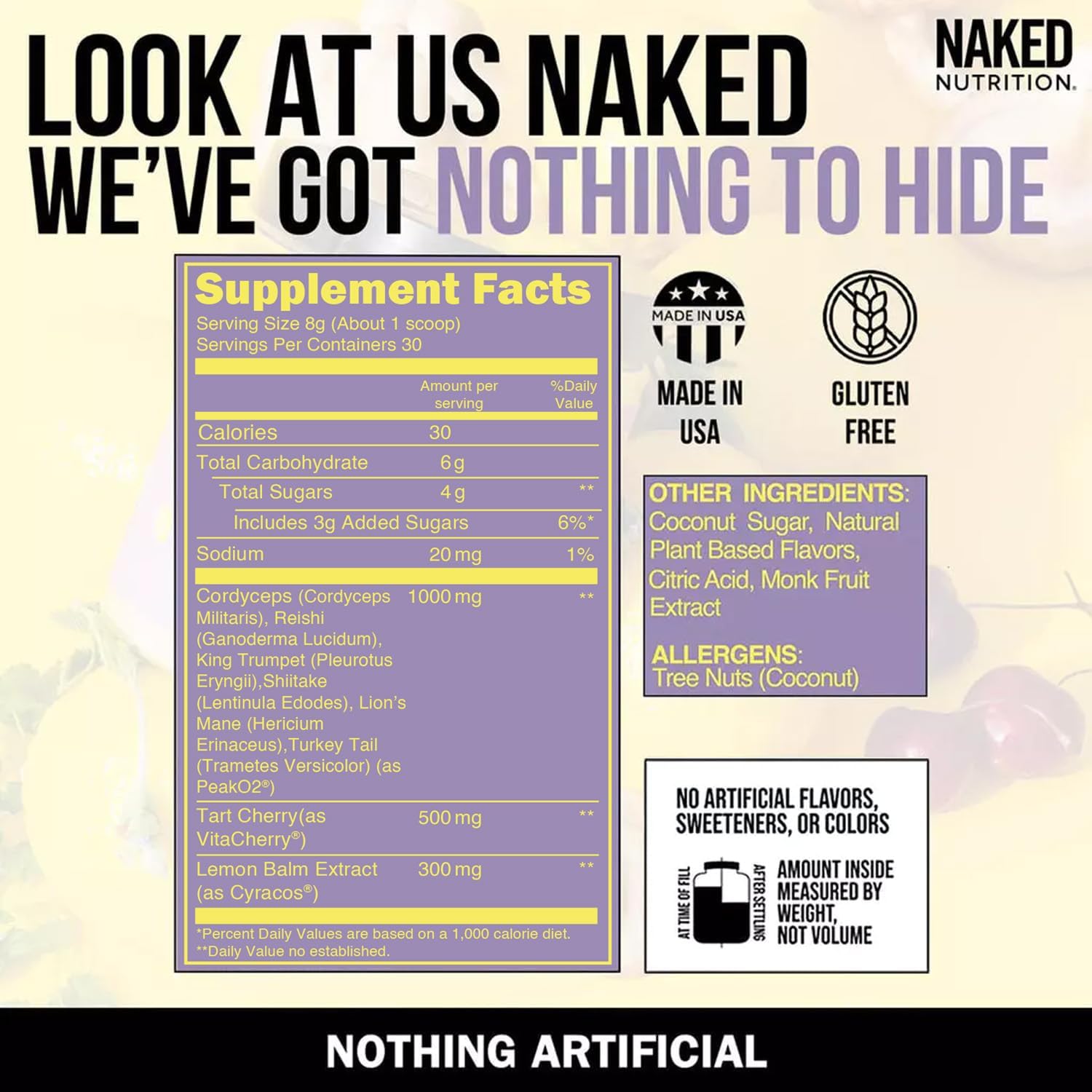 naked-recovery-mushroom-supplement-powder---lions-mane-cordyceps-reishi-tart-cherries-lemon-balm---adaptogen-wellness-formula-for-stress-relief-and-muscle-recovery---30-servings-3