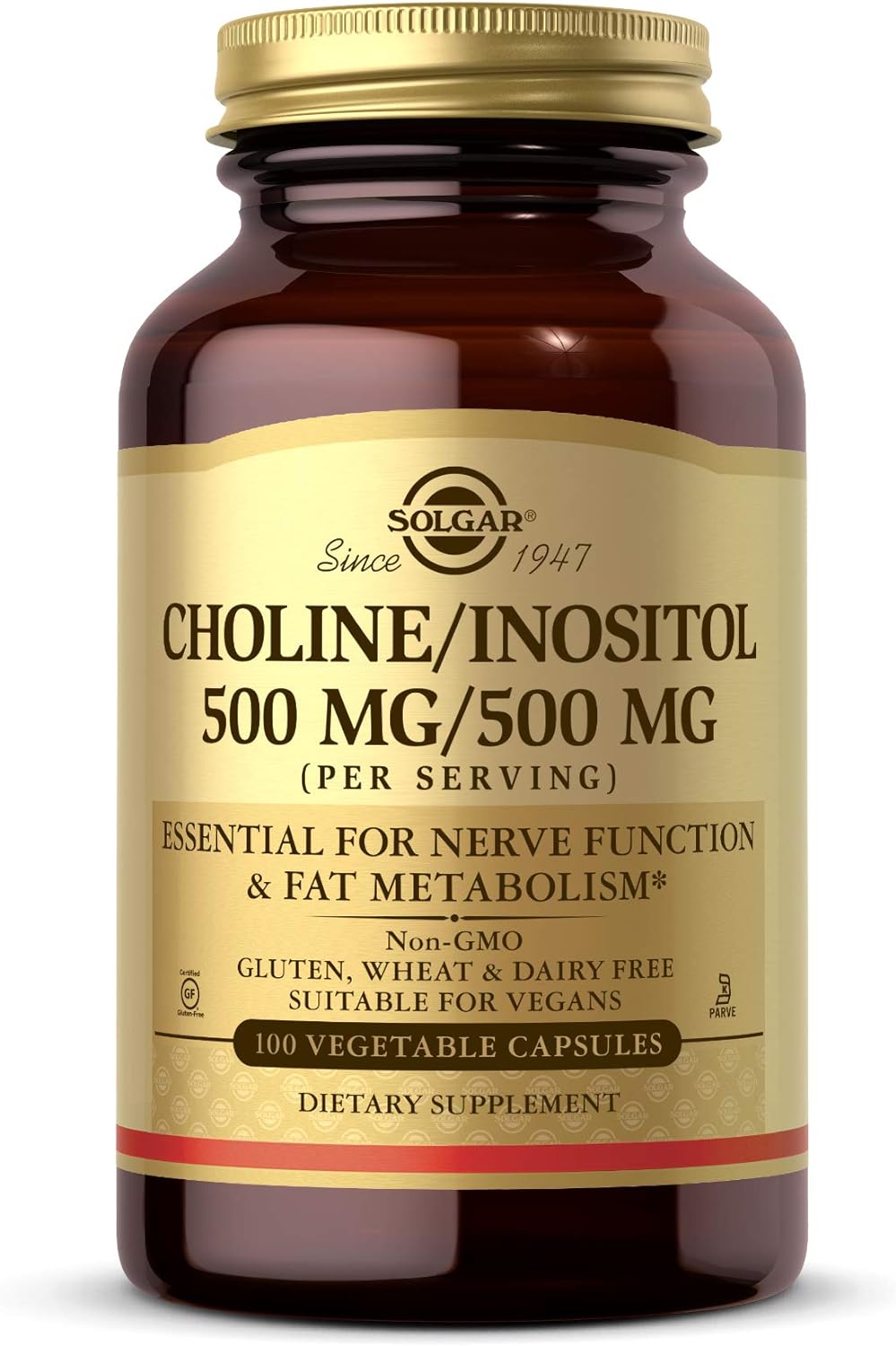 Solgar Choline and Inositol Capsules for Energy Metabolism and Liver Health - 500 mg/500 mg, 100 Capsules - Supports Brain & Nerve Function - Non-GMO, Vegan, Gluten Free, Dairy Free, Kosher - 50 Servings - Espot.com.au