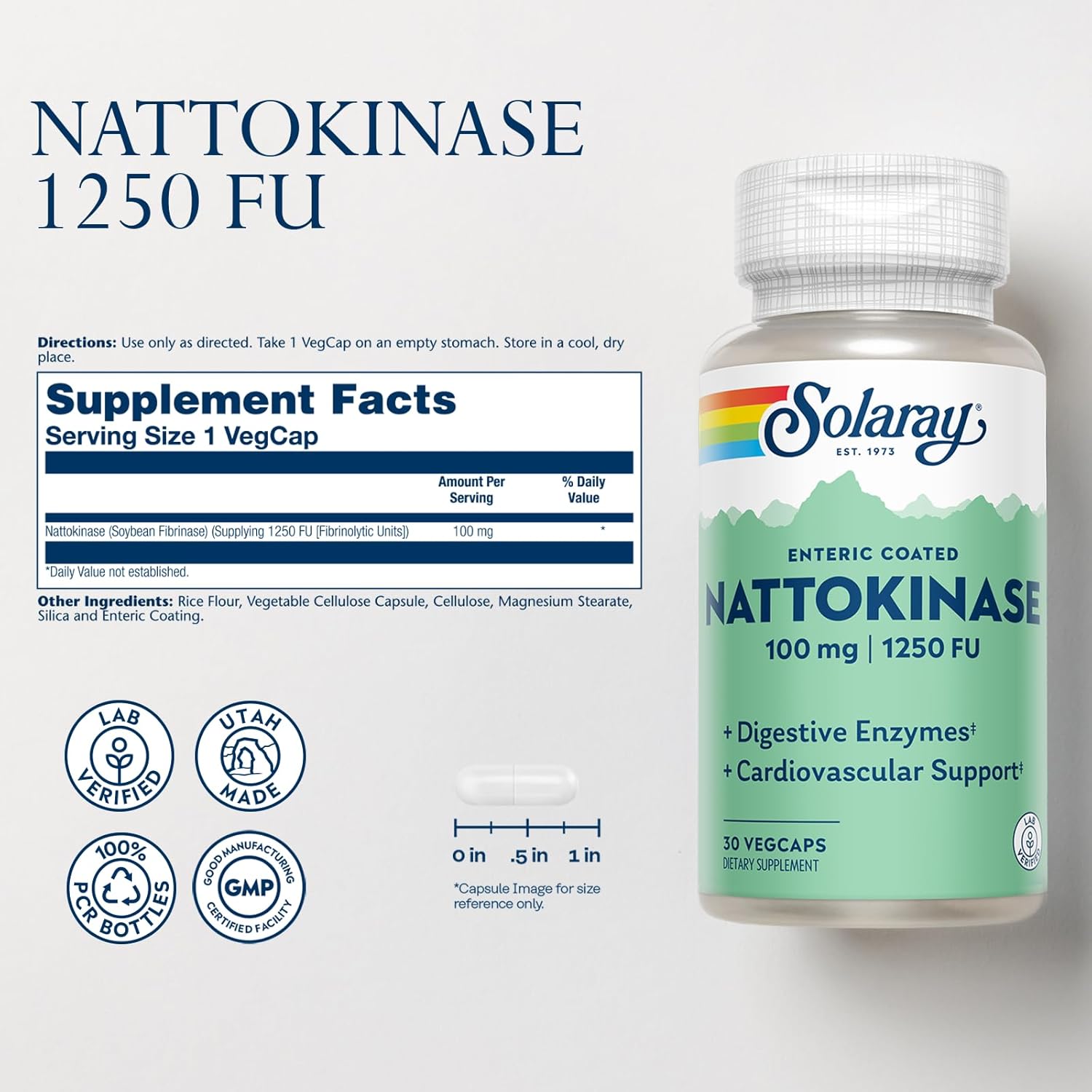 Solaray Nattokinase Supplement 100mg - 1,250 FU - Traditional Health Support - Lab Verified - 60-Day Guarantee - 30 VegCaps - Espot.com.au