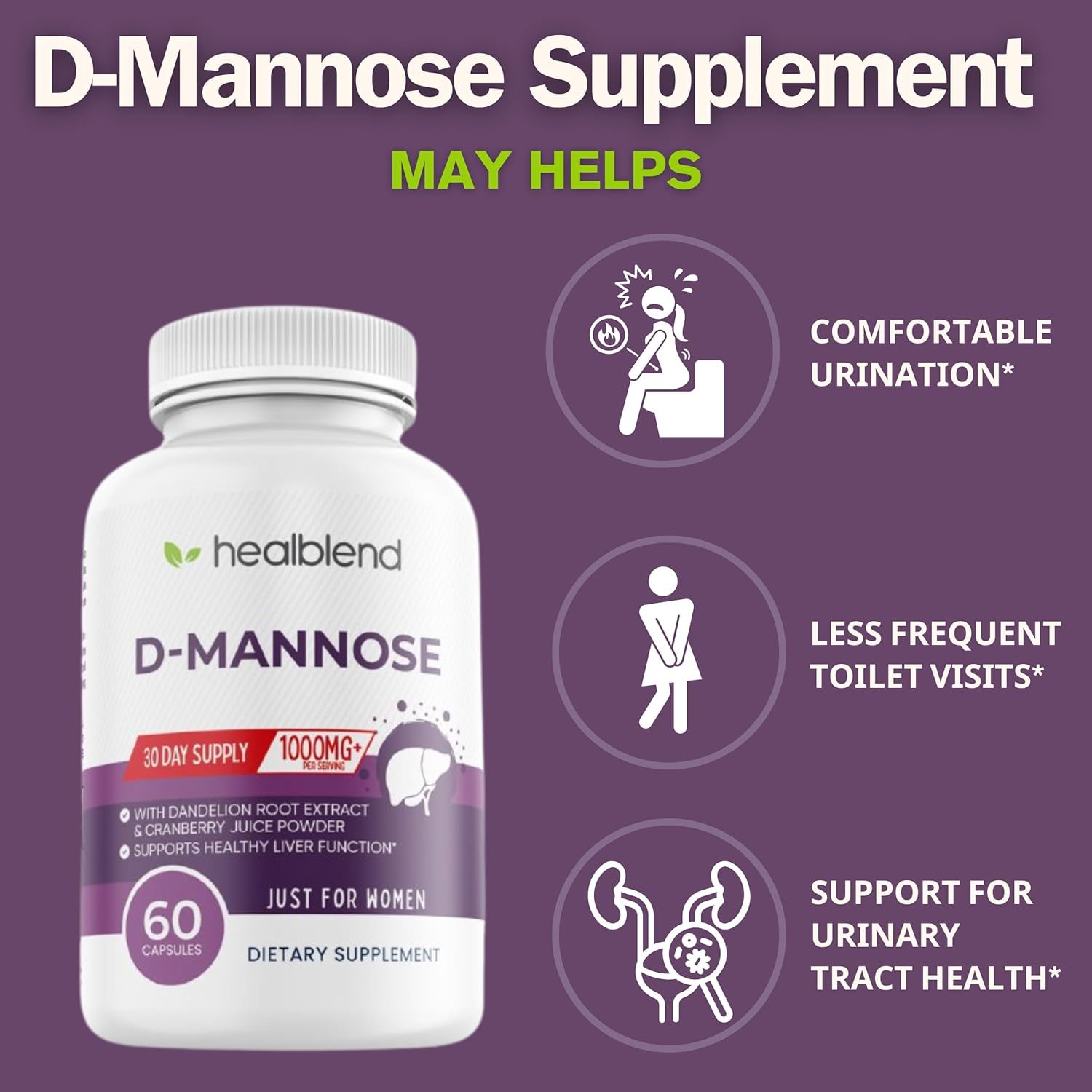 D-Mannose Capsules with Cranberry Juice Powder, Hibiscus, Dandelion Extracts - 30 Day Supply for Urinary Tract Health - Espot.com.au