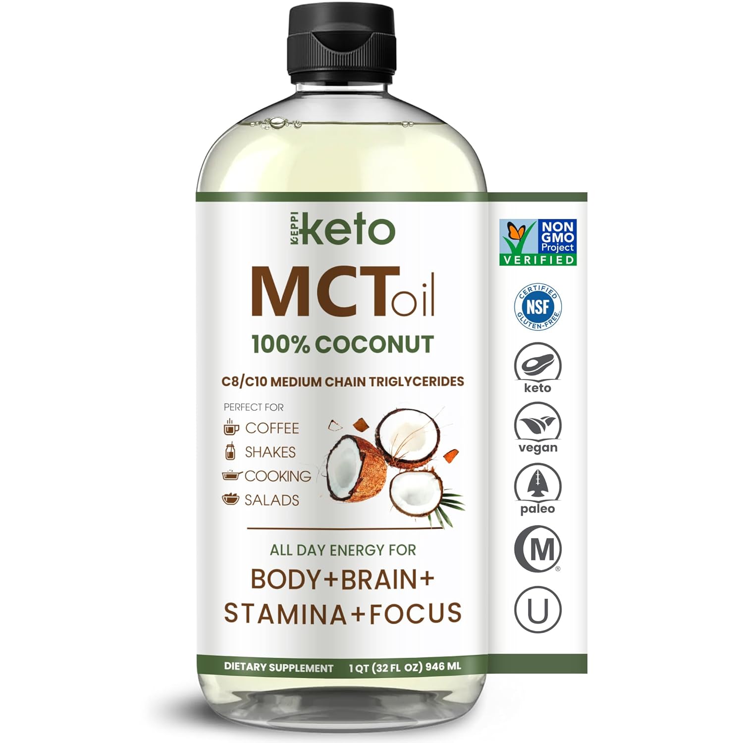 32 oz Keppi Keto MCT Oil - Flavorless C8/C10, Non-GMO, Gluten-Free, Vegan, Kosher, Halal - Coconut Oil Free - Espot.com.au