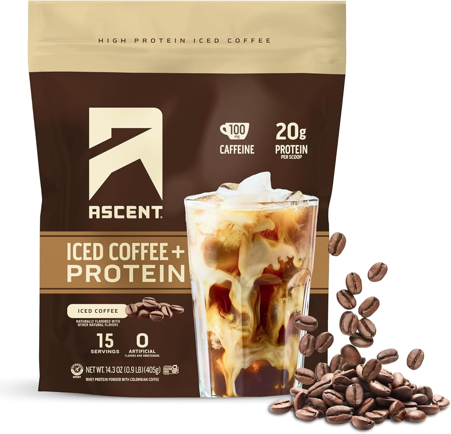 Ascent High Protein Iced Coffee Powder - 20g Protein, 100mg Caffeine, Premium Colombian Coffee, No Artificial Flavors - 15 Servings - Espot.com.au