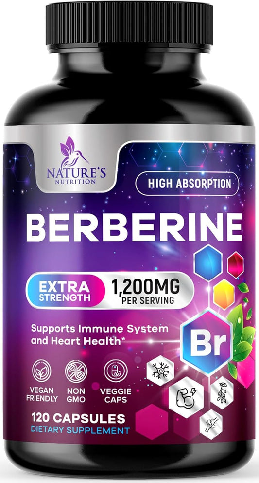 High Absorption Berberine Supplement for Heart Health & Immune Support - 1200mg Berberine HCL Pills with Gluten-Free Formula - 120 Veg Capsules by Nature's Nutrition - Espot.com.au
