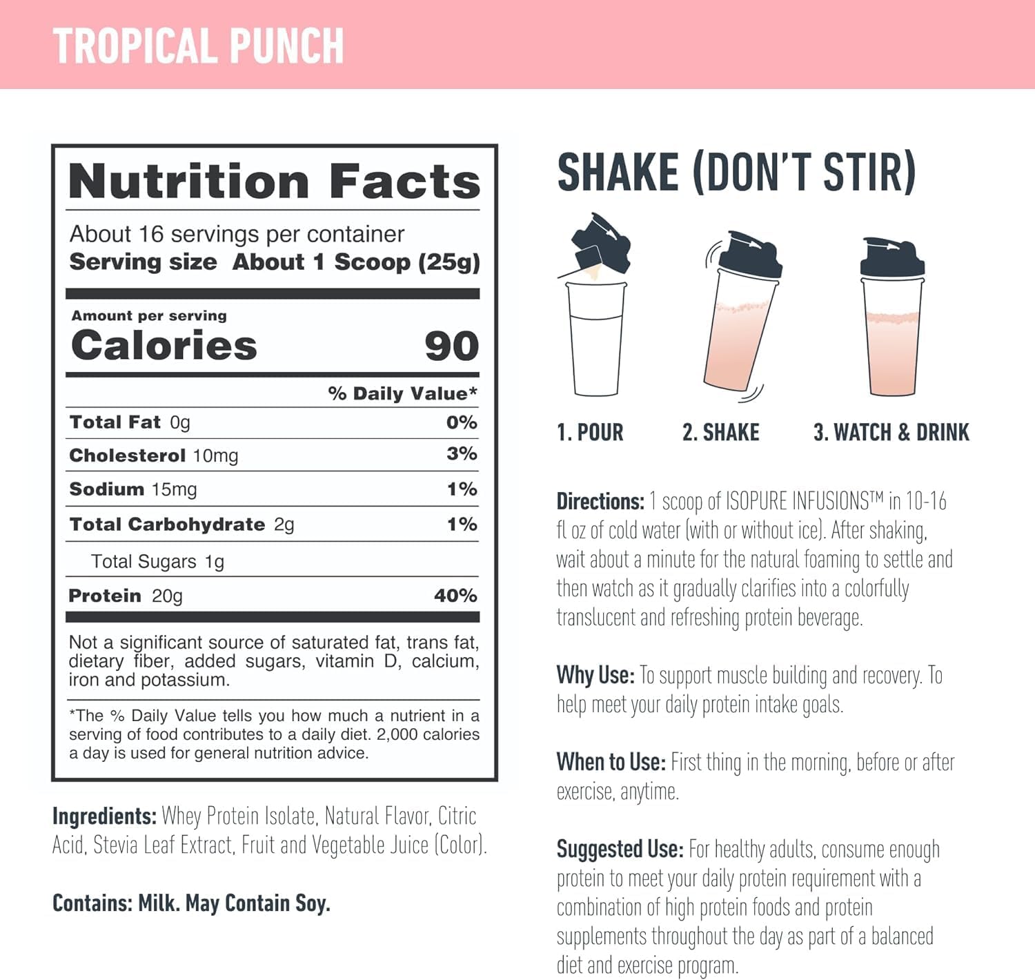 Clear Whey Isolate Protein Powder Infusions - Tropical Punch Flavor, 20g Protein, 14.1 Oz - Lactose & Gluten Free - Espot.com.au