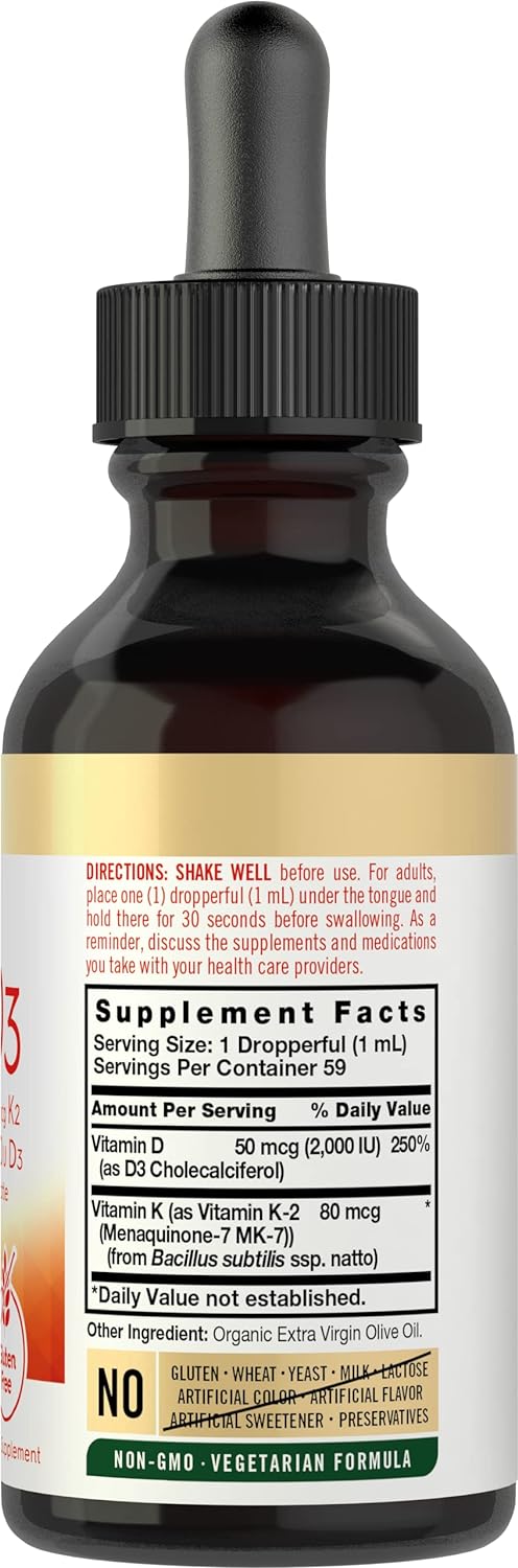 Carlyle Vitamin D3 K2 Drops 2 Fl Oz MK-7 Supplement Vegetarian Non-GMO Gluten Free - Espot.com.au