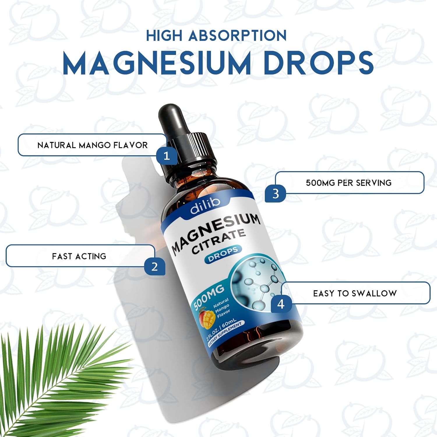 500mg Magnesium Citrate Liquid Drops Supplement for Stress Relief, Bone & Muscle Support, Sleep Aid - 2 Fl Oz Vegan Mango Flavor - Espot.com.au