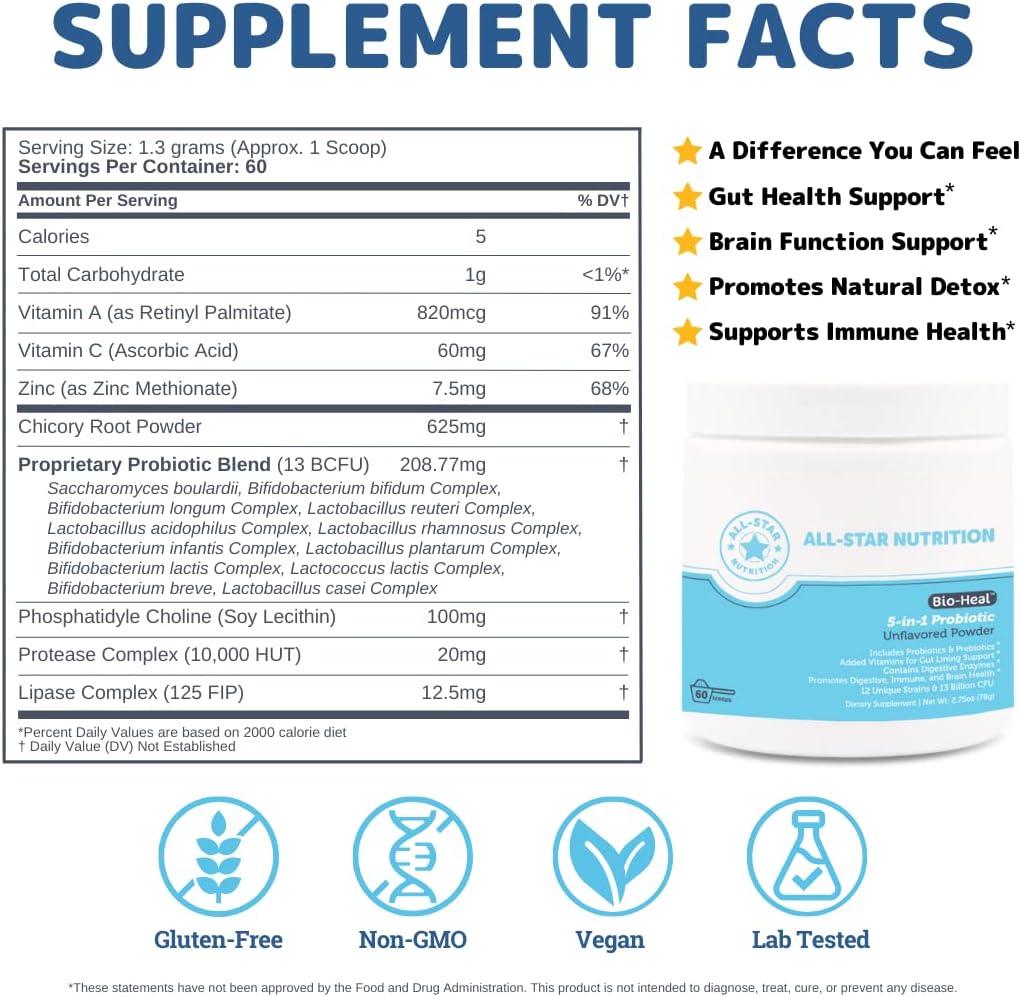 5-in-1-all-star-nutrition-bio-heal-probiotic-powder-for-kids-men-women---supports-brain-function-gut-health-constipation---fortified-with-vitamins-minerals-prebiotics---shelf-stable-2