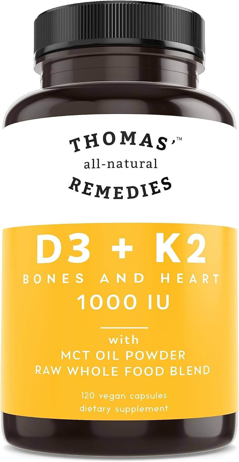 All-Natural D3 + K2 with MCT Oil and Raw Whole Food Blend - 1000 IU D3, Vegan, Made in USA - Supports Heart, Bones & Teeth - Non-GMO - 120ct - Espot.com.au