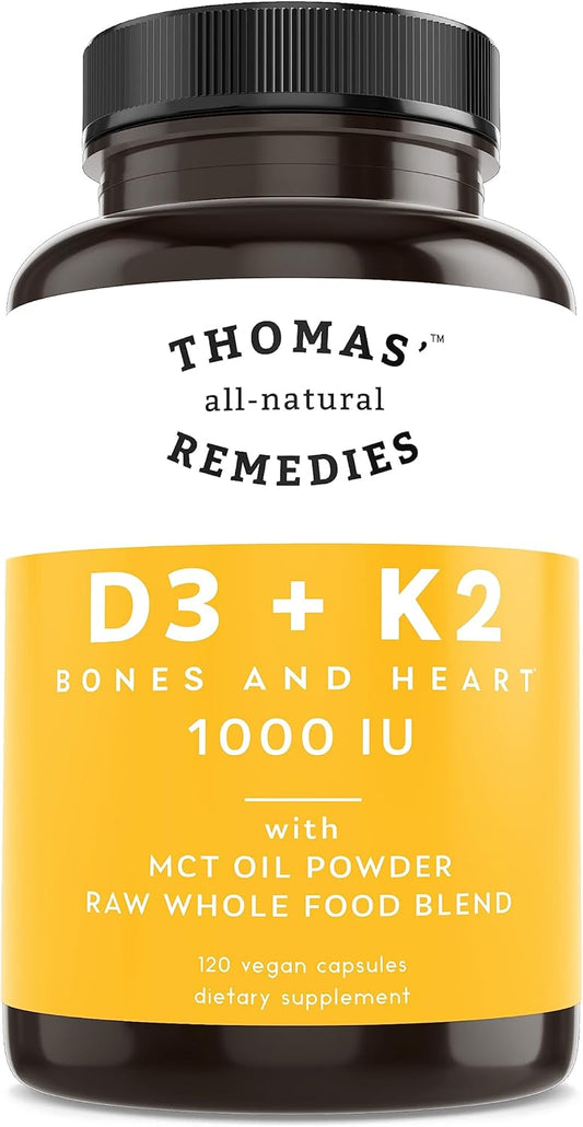 All-Natural D3 + K2 with MCT Oil and Raw Whole Food Blend - 1000 IU D3, Vegan, Made in USA - Supports Heart, Bones & Teeth - Non-GMO - 120ct - Espot.com.au