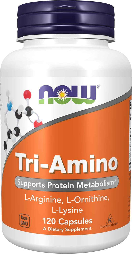 NOW Foods Tri-Amino Supplement with L-Arginine, L-Ornithine, L-Lysine - 120 Capsules for Protein Metabolism Support