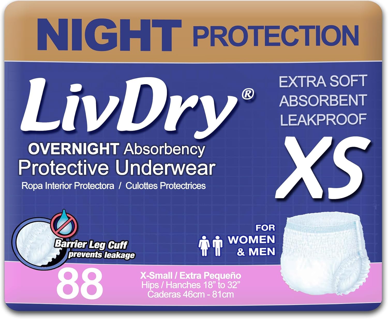 LivDry XS Adult Incontinence Underwear, 88-Pack, Overnight Comfort Absorbency, Leak Protection, Extra Small Size - Espot.com.au