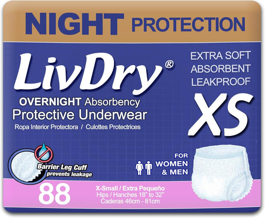 LivDry XS Adult Incontinence Underwear, 88-Pack, Overnight Comfort Absorbency, Leak Protection, Extra Small Size - Espot.com.au