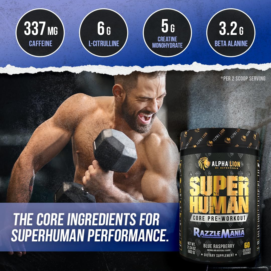 Alpha Lion Core Pre Workout Supplement - Creatine, Beta Alanine, L-Citrulline, Tri-Source Caffeine for Performance & Energy - 60 Servings, Razzle Mania Flavor - Espot.com.au